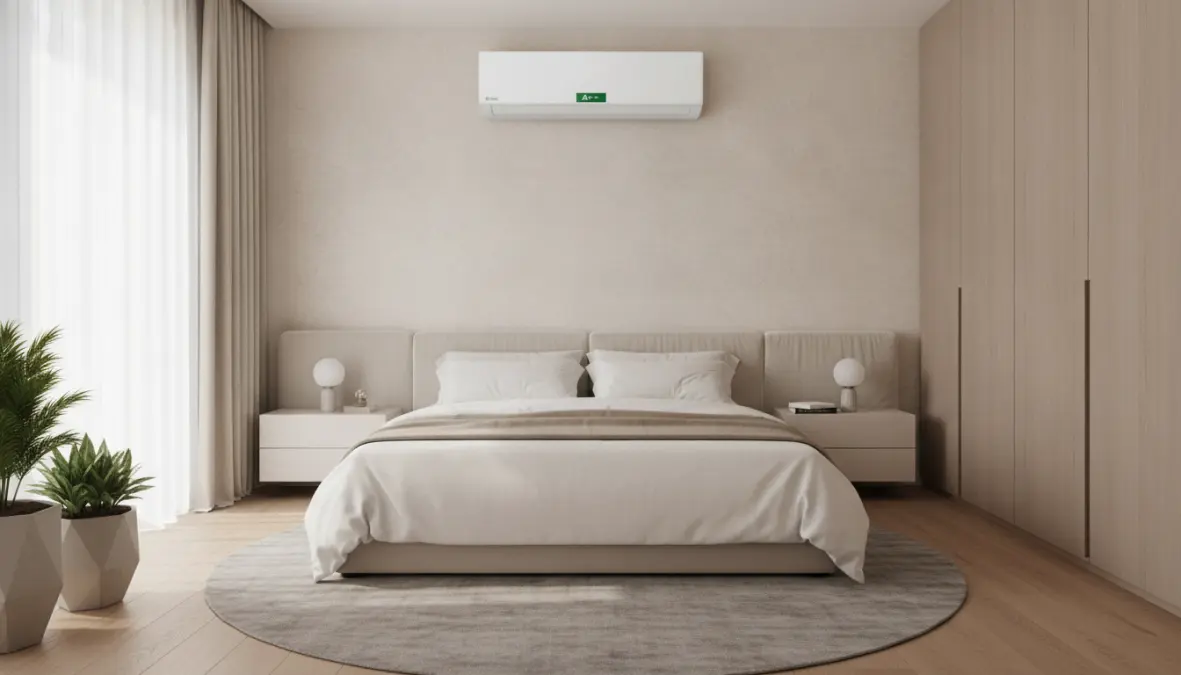 Camera da letto con condizionatore fisso split installato a parete per climatizzazione efficiente