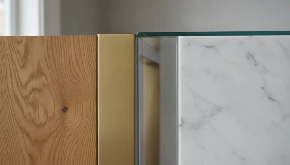 Dettaglio materiali consolle ingresso: legno, metallo, vetro e finiture moderne