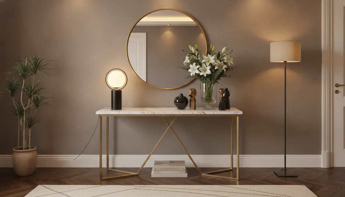 Consolle design ingresso moderna con marmo e metallo abbinata a specchiera e lampada decorativa