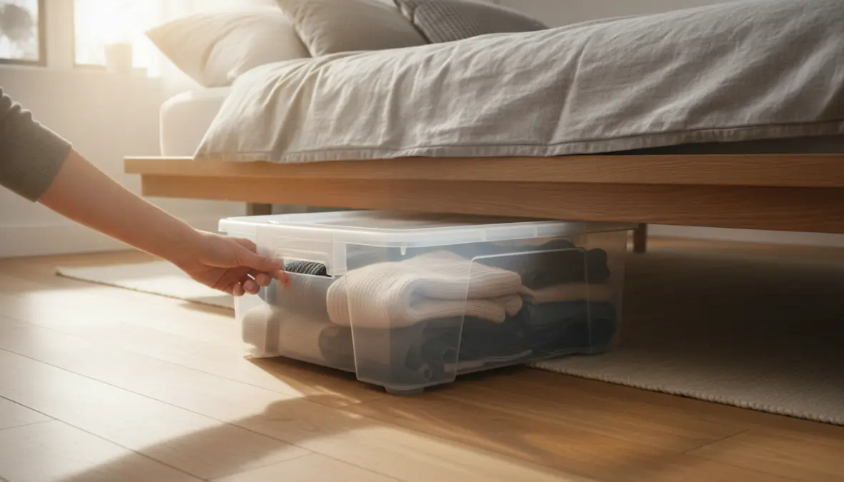 Contenitore sottoletto con ruote estratto facilmente da sotto il letto con abbigliamento stagionale
