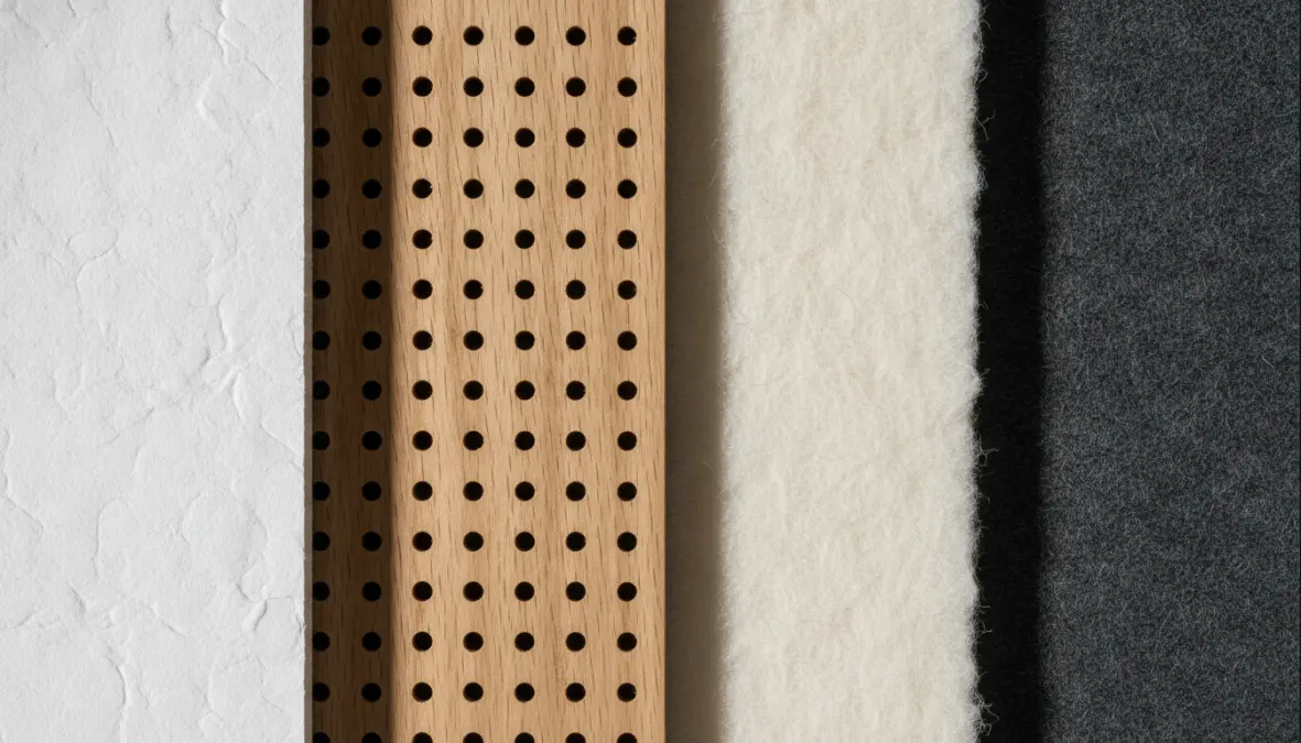 Dettaglio materiali pannelli acustici per soffitto: fibra minerale, legno microforato e lana di roccia