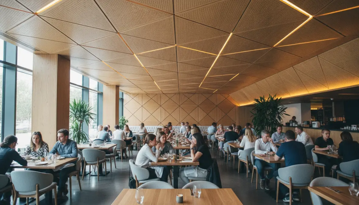 Controsoffitto fonoassorbente per ristorante con pannelli in legno microforato che riduce il riverbero
