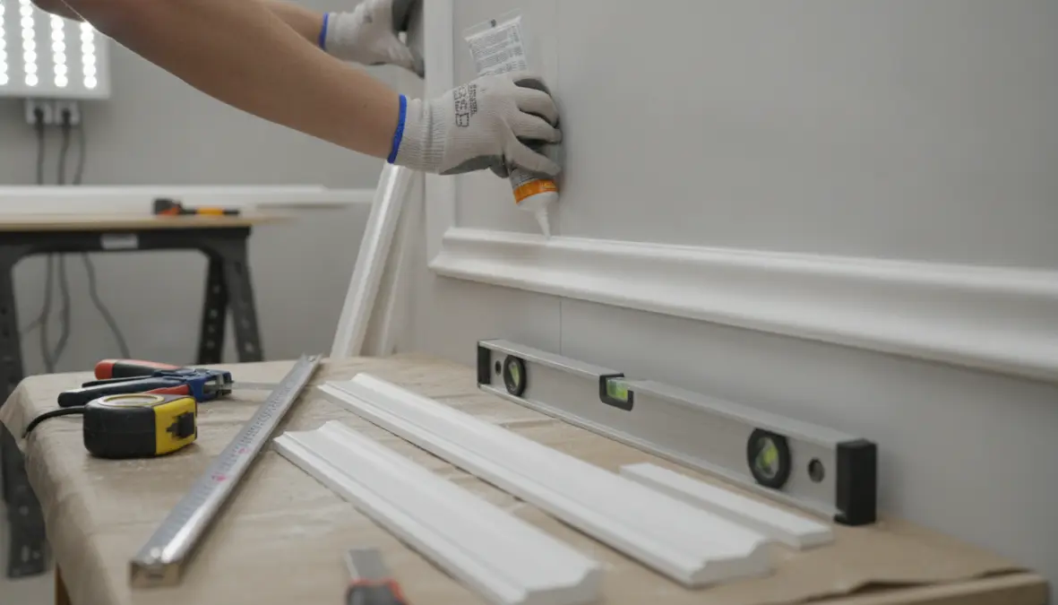 Installazione fai da te di cornici decorative per pareti con strumenti e colla