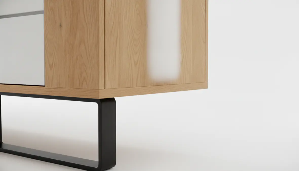 Dettaglio credenza design moderno in legno e laccato bianco con ante a battente