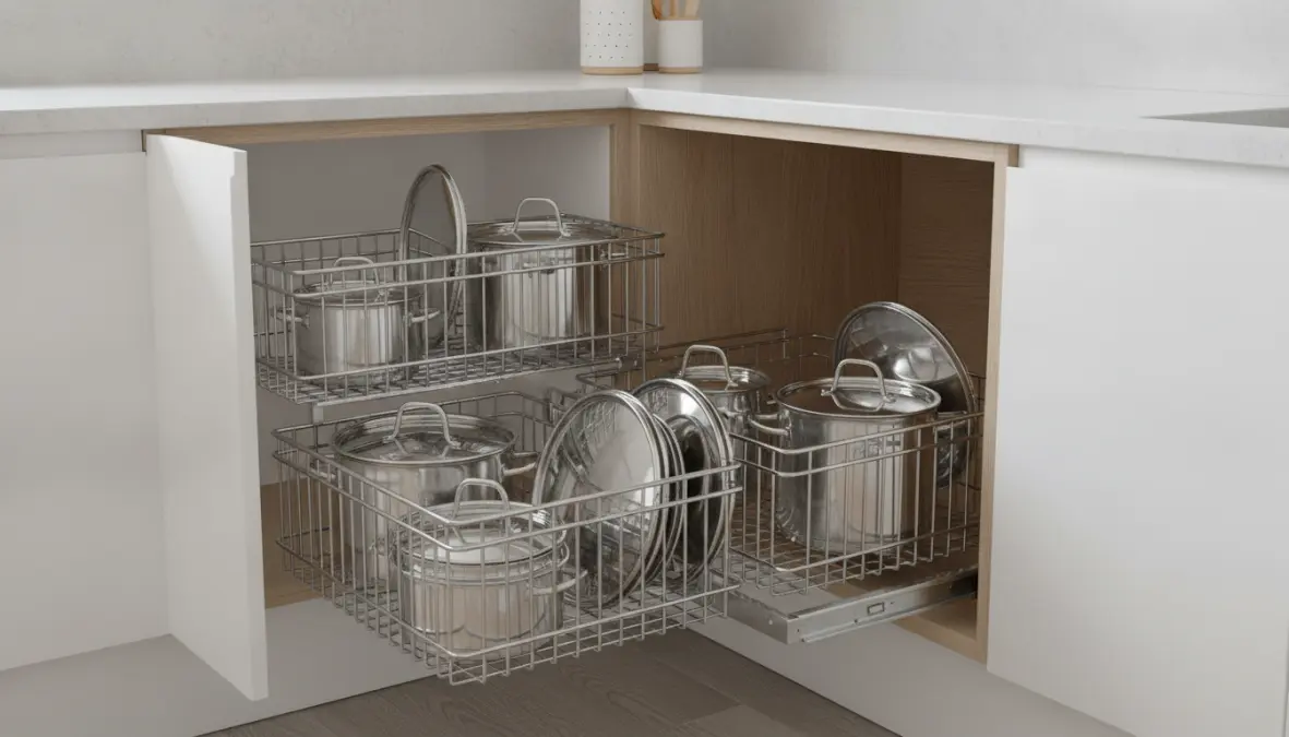 Sistema magic corner per ottimizzare angolo cucina a L con cestelli estraibili