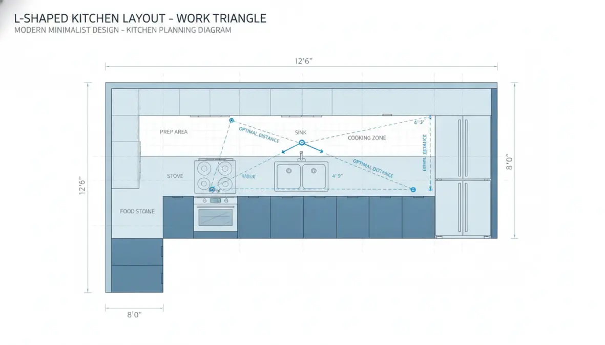 Schema triangolo di lavoro e disposizione elementi in cucina angolare a L