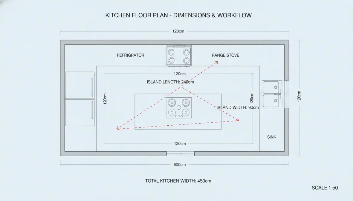 Schema progettuale cucina con isola centrale mostrando dimensioni e distanze minime di passaggio