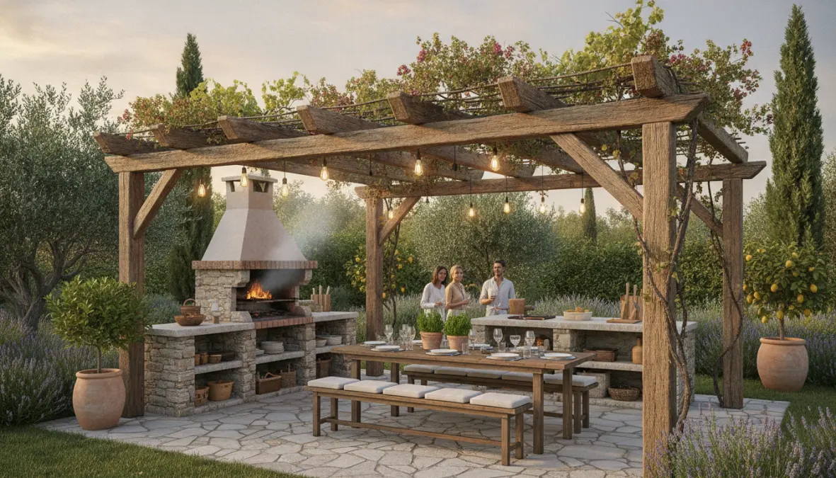 Area barbecue attrezzata con pergolato e cucina esterna in muratura