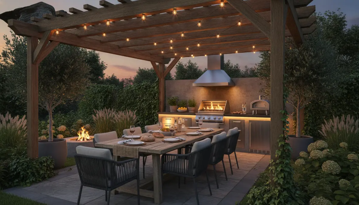 Zona pranzo esterna coperta con pergolato e illuminazione ambientale per cucina outdoor
