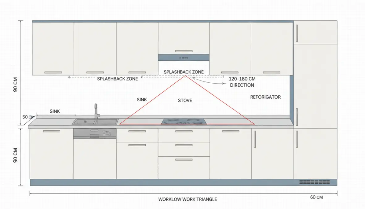 Schema layout cucina lineare 3 metri con disposizione ottimale degli elementi