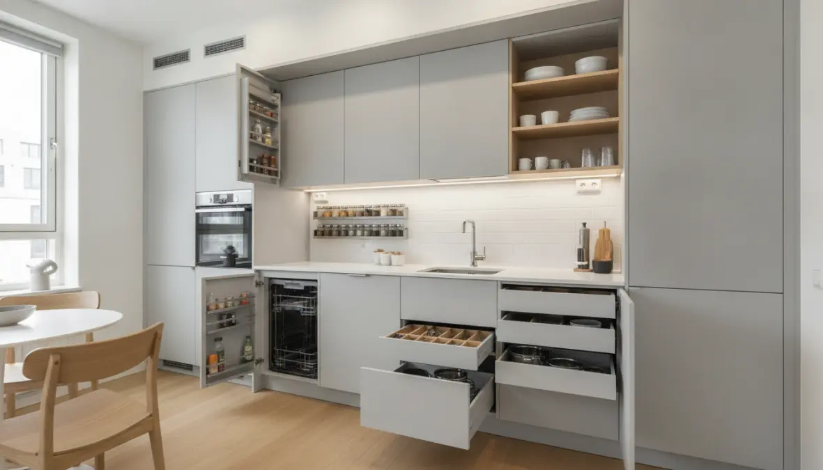 Cucina lineare piccola con soluzioni salvaspazio e mobili componibili fino al soffitto
