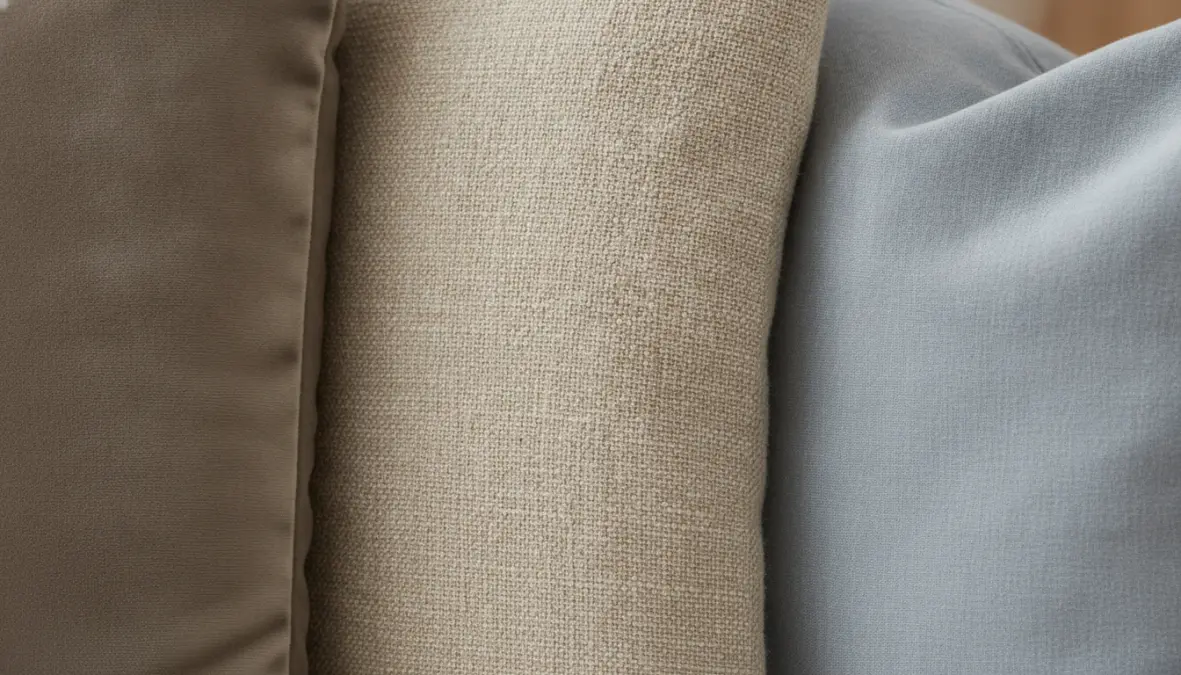 Mix di texture tessuti per cuscini decorativi: velluto, lino e cotone abbinati