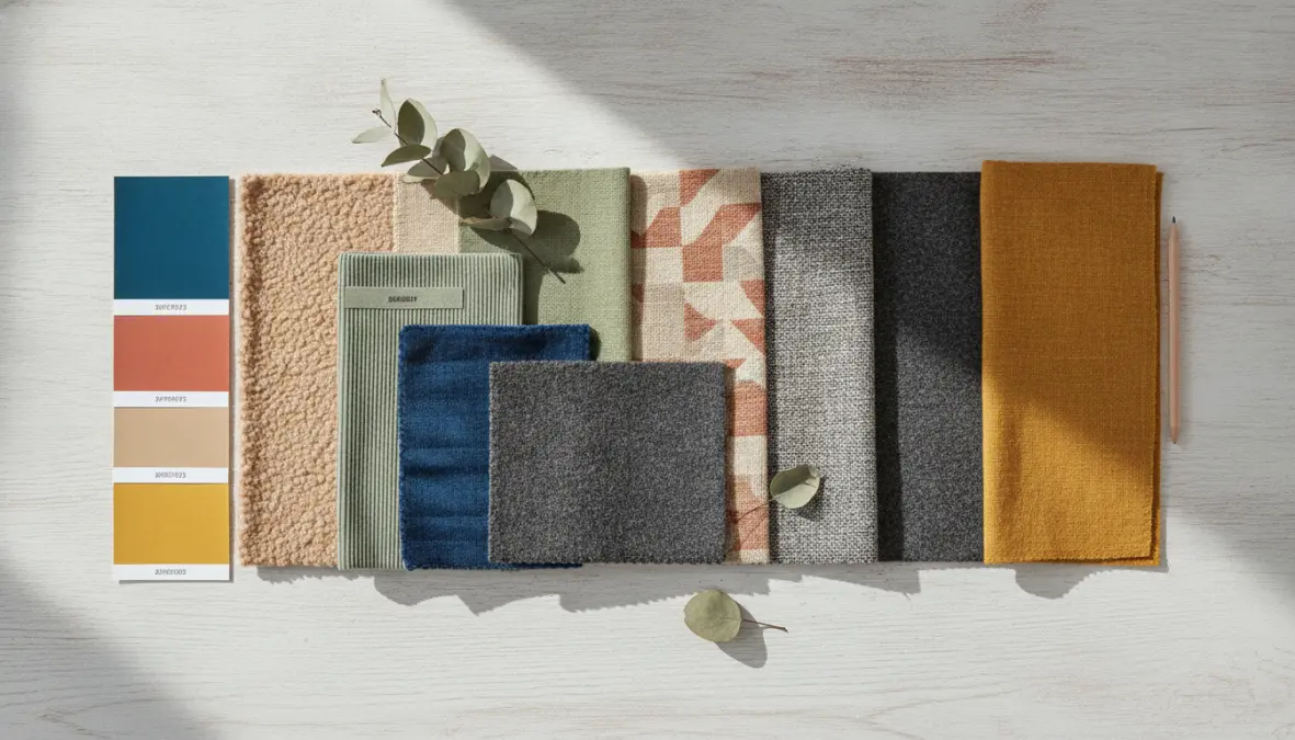 Palette colori per abbinamento cuscini decorativi con campioni di tessuto