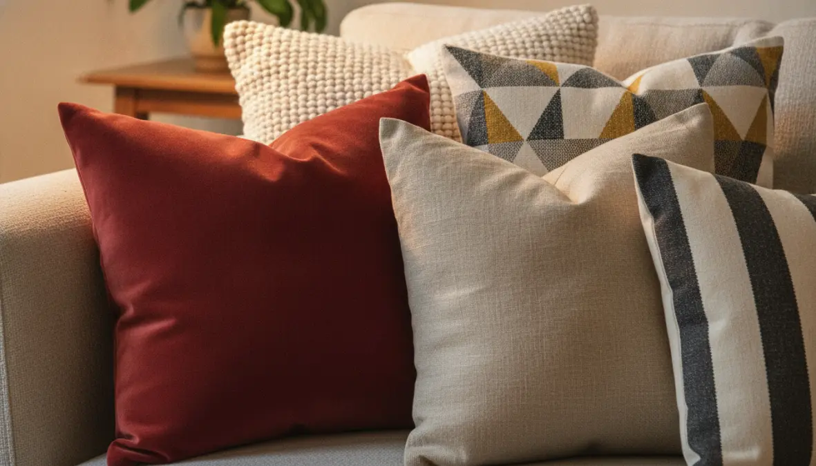 Mix di texture e materiali per cuscini arredo: velluto, lino e bouclé