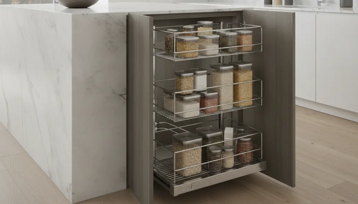 Sistema estraibile per dispensa cucina con cestelli scorrevoli