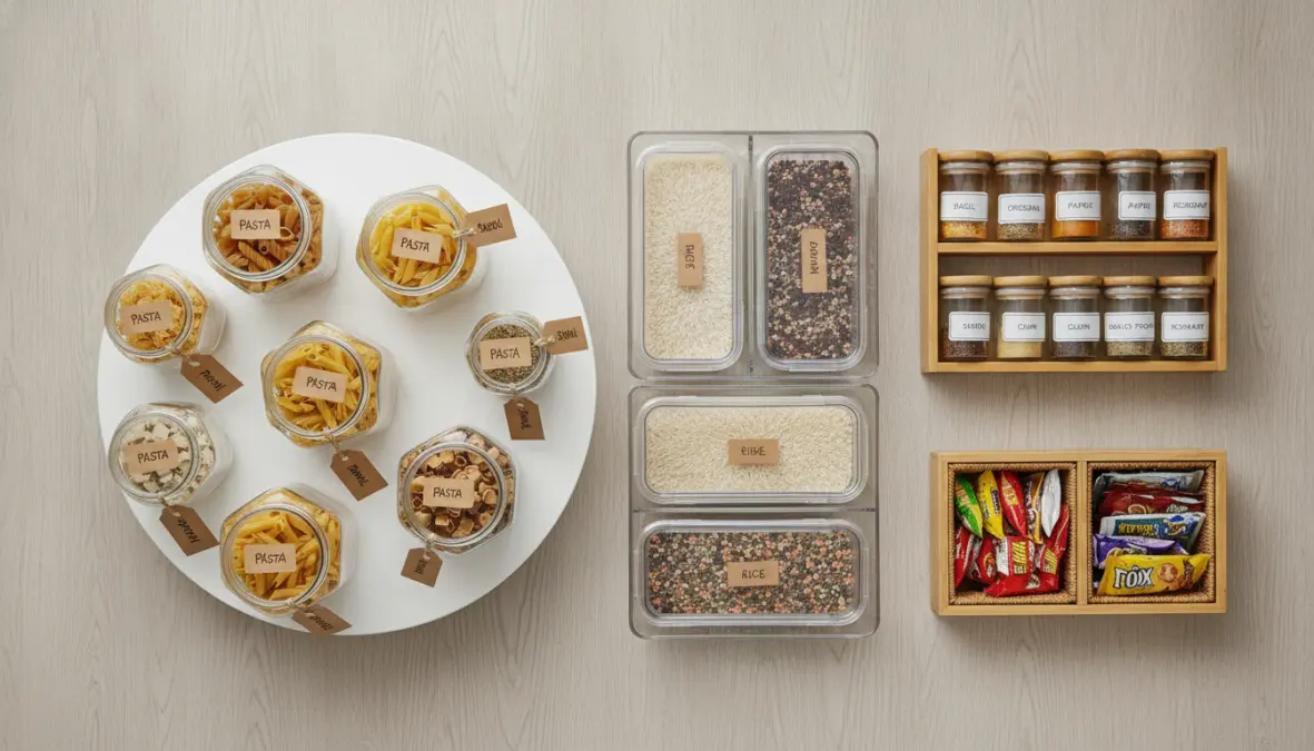 Contenitori e accessori per organizzazione dispensa cucina moderna