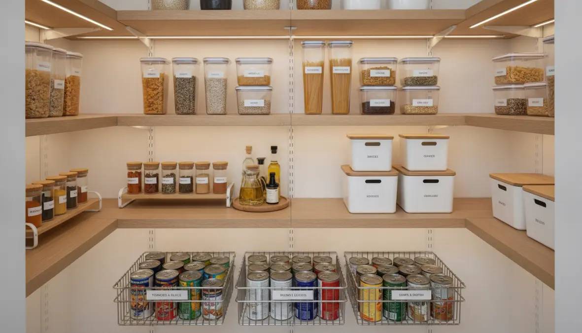 Organizzazione dispensa con contenitori alimentari, barattoli ermetici e cestelli estraibili