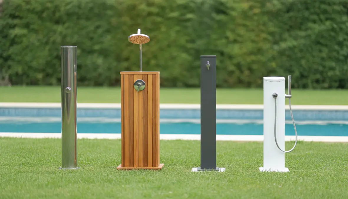 Confronto materiali docce da esterno: acciaio inox, legno, alluminio e PVC