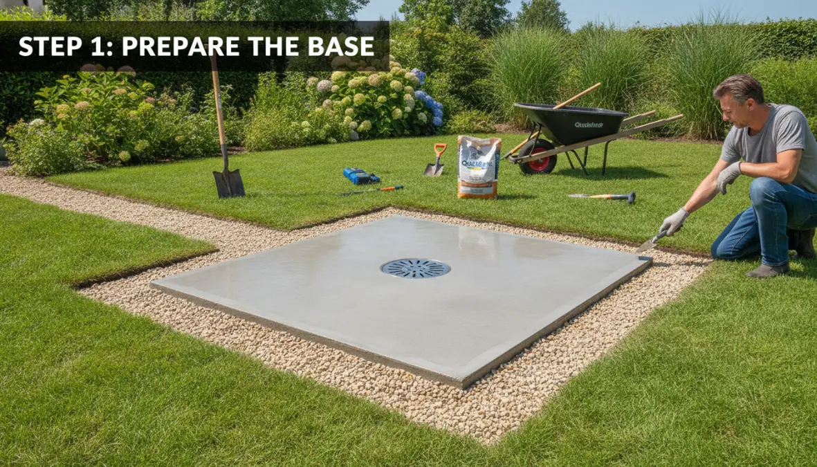 Installazione doccia solare da giardino con base in cemento e sistema di scarico