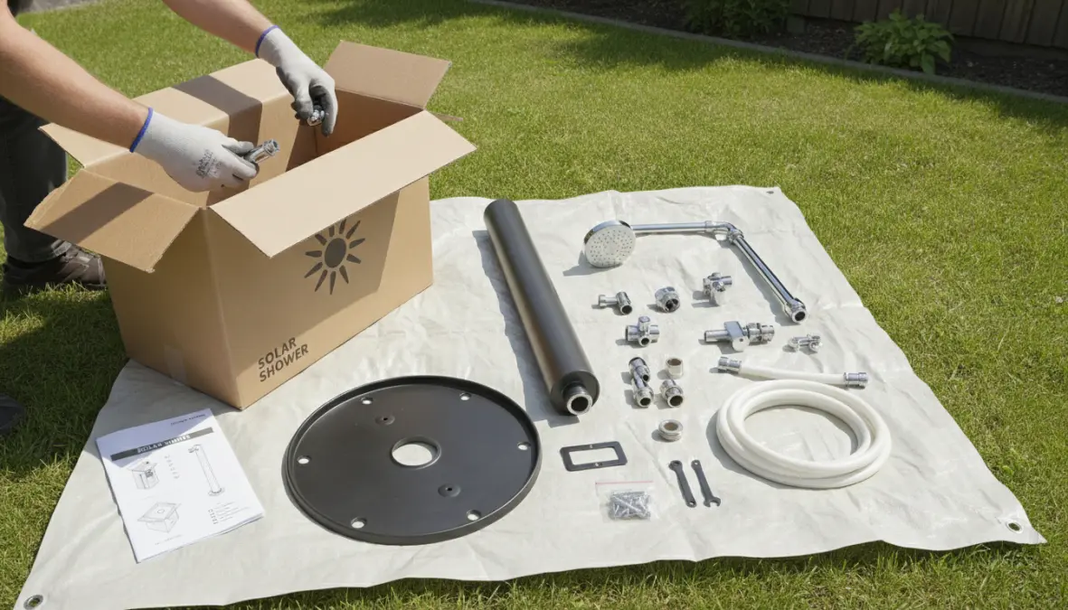 Installazione fai da te di doccia solare per giardino con base di ancoraggio e collegamento idrico