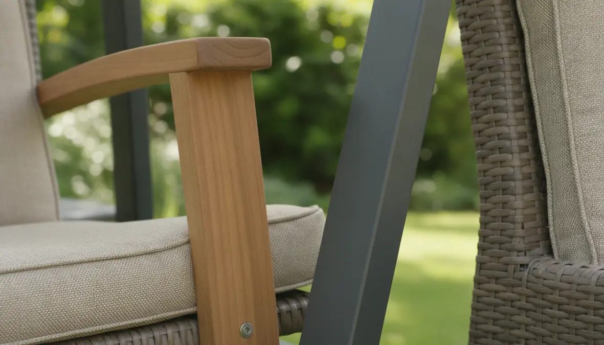 Dettaglio materiali dondolo da esterno: legno, metallo e rattan sintetico