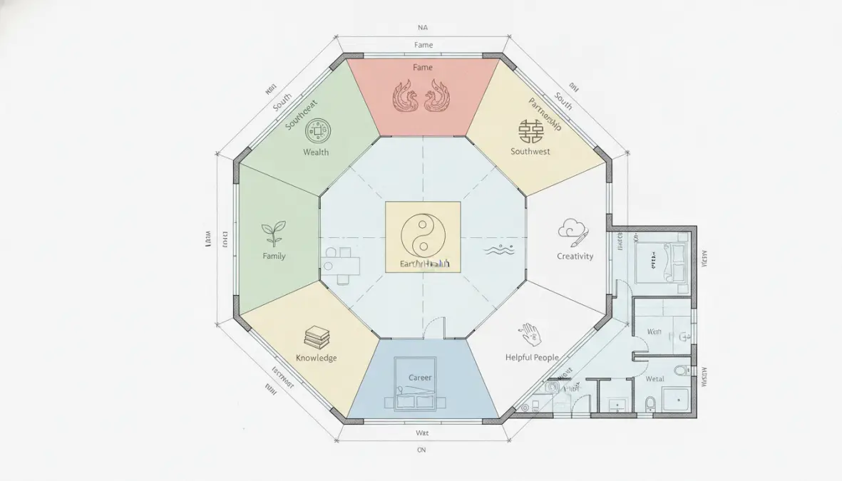 Mappa bagua feng shui sovrapposta a planimetria casa per identificare zone energetiche
