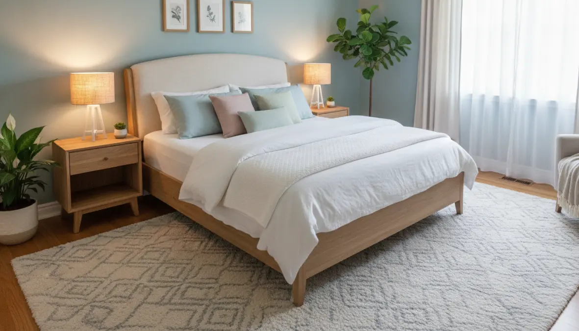 Camera da letto con disposizione mobili feng shui e colori rilassanti per energia positiva