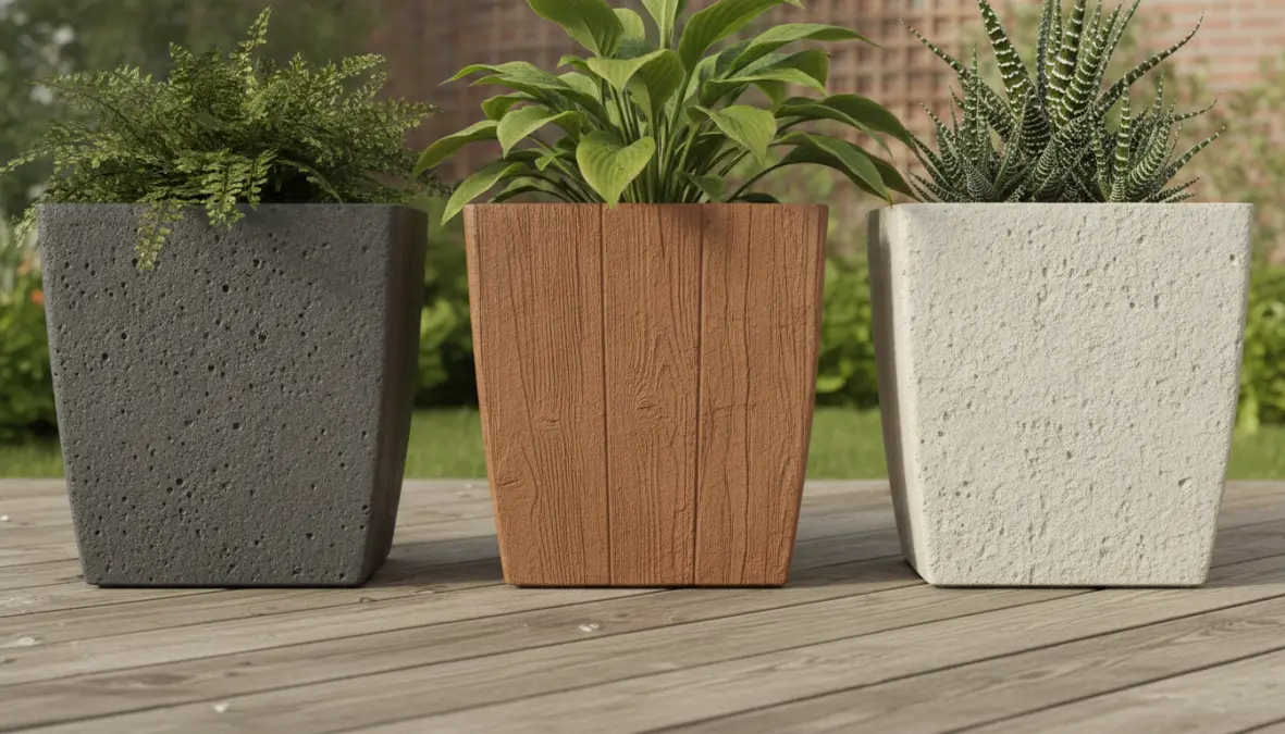 Fioriere in resina moderne con effetto cemento, legno e pietra per esterno