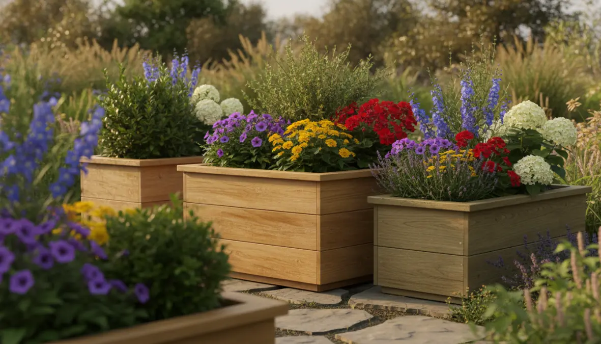 Fioriere in legno naturale per esterno con piante ornamentali in giardino