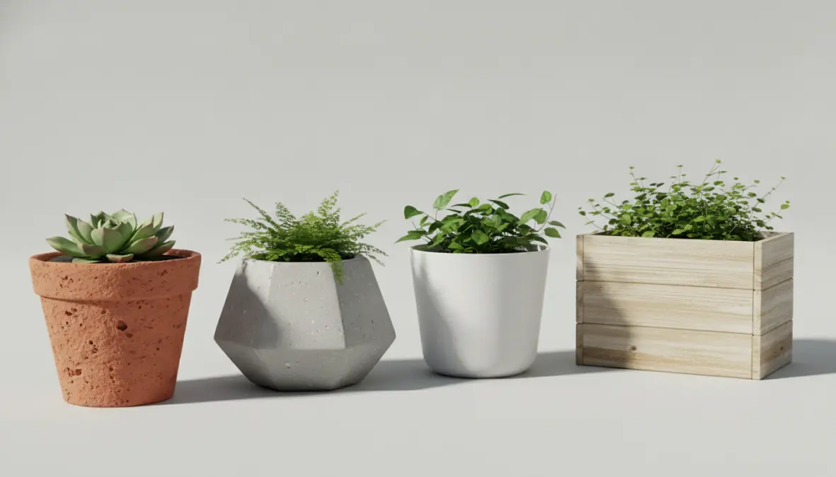 Confronto tra diversi materiali per fioriere da esterno: terracotta, cemento, resina e legno