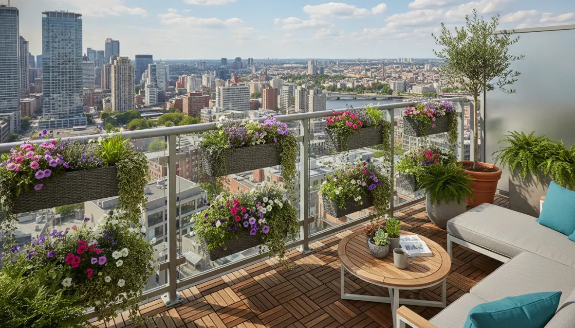 Fioriere da balcone moderne installate su ringhiera con piante fiorite e soluzioni salvaspazio