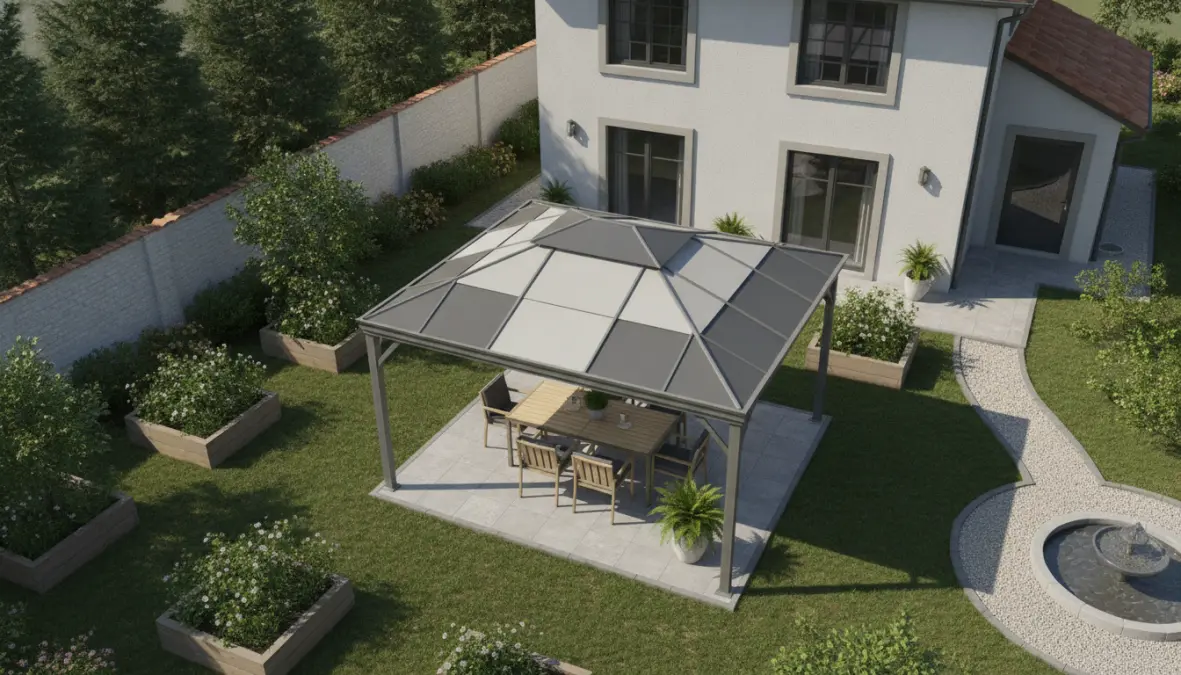 Gazebo 3x3 moderno in alluminio posizionato in giardino con vista dall'alto