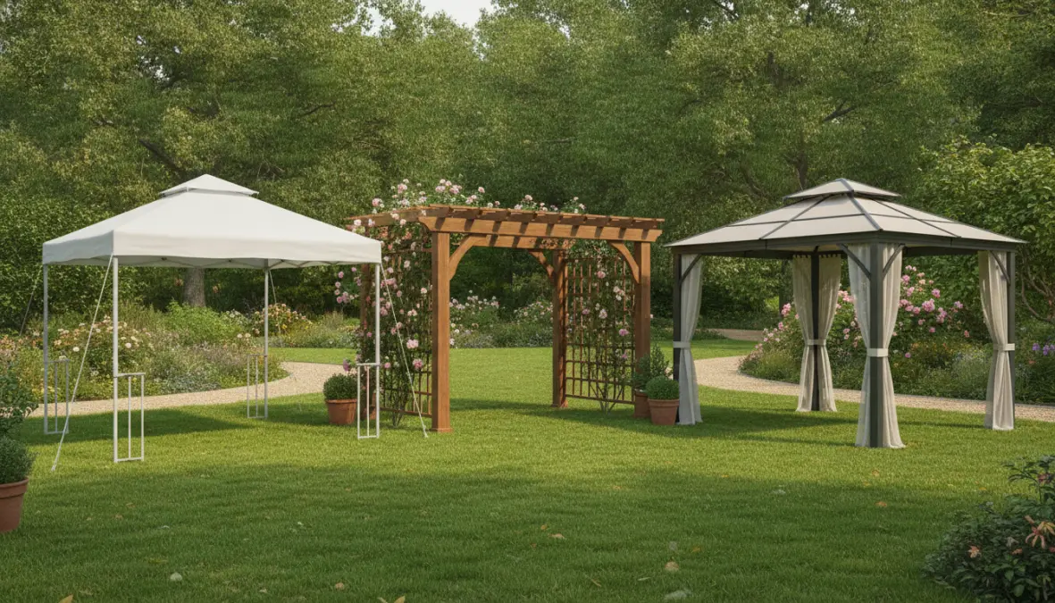 Diverse tipologie di gazebo per giardino: strutture pieghevoli, pergolati fissi e padiglioni in metallo