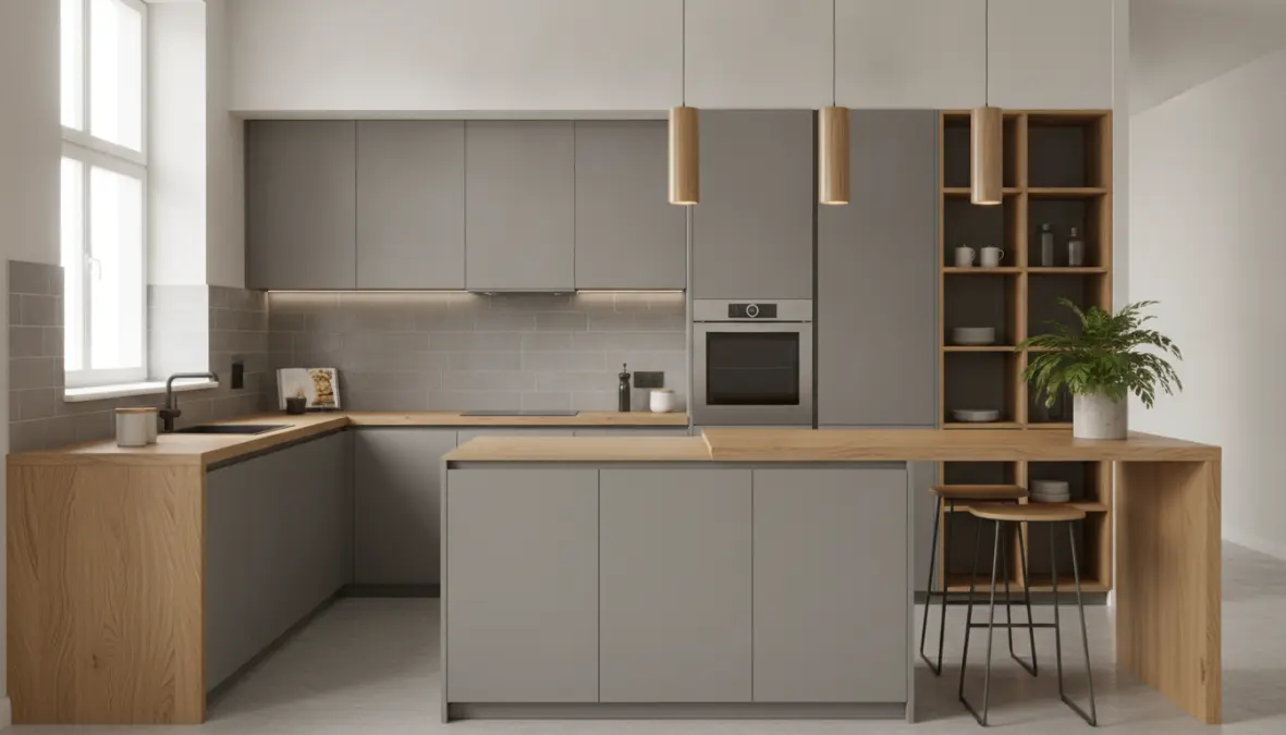 Cucina grigia e legno con ante grigie opache e top in legno naturale, design contemporaneo