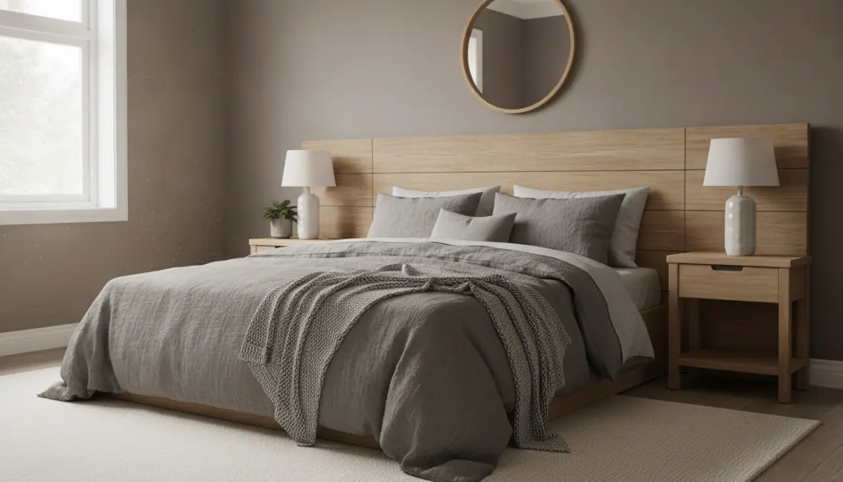 Camera da letto grigia e legno con testiera in legno naturale e pareti grigio tortora, stile nordico