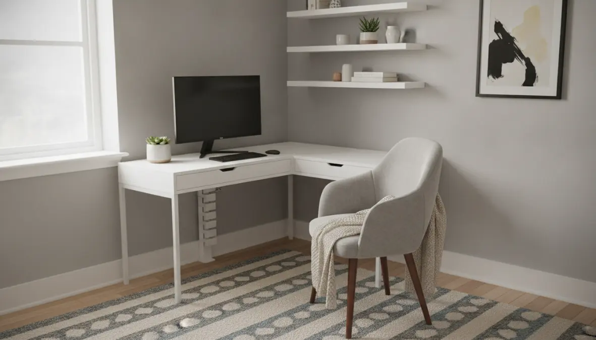 Angolo studio compatto in casa con scrivania e organizzazione ottimizzata dello spazio