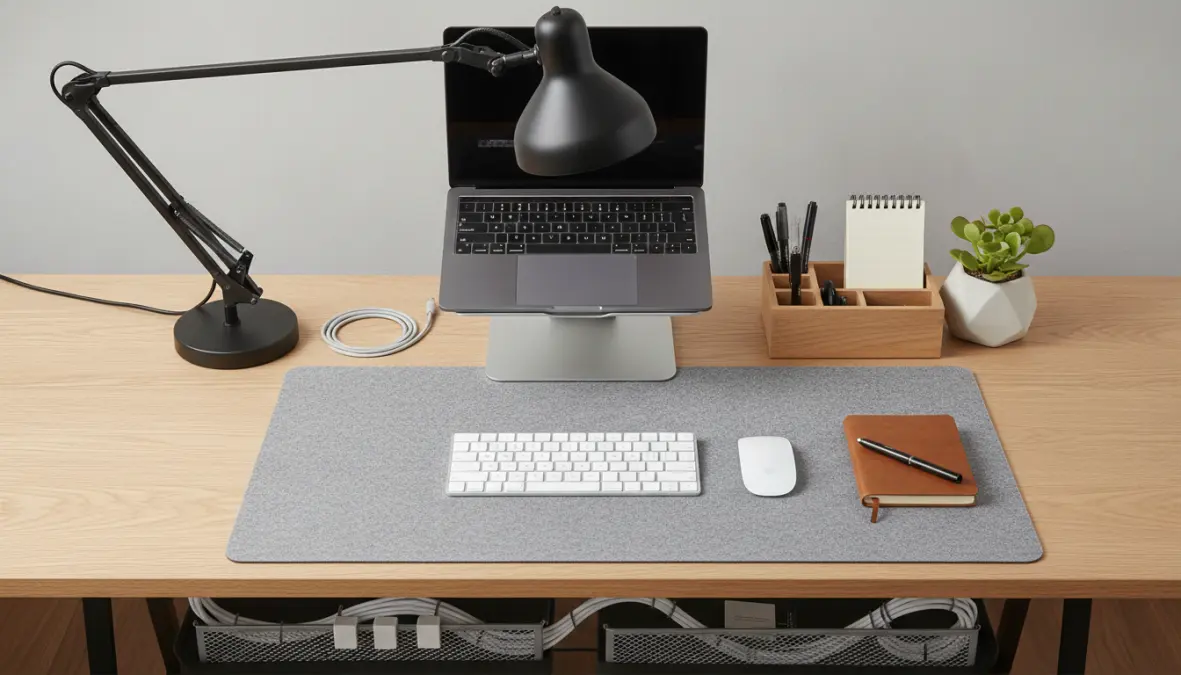 Accessori ergonomici per scrivania e organizzazione cavi in postazione lavoro domestica