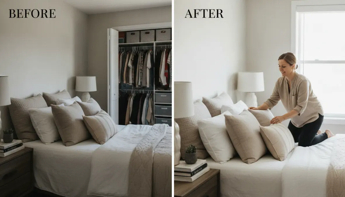 Home stager professionista durante allestimento camera da letto per valorizzazione immobiliare