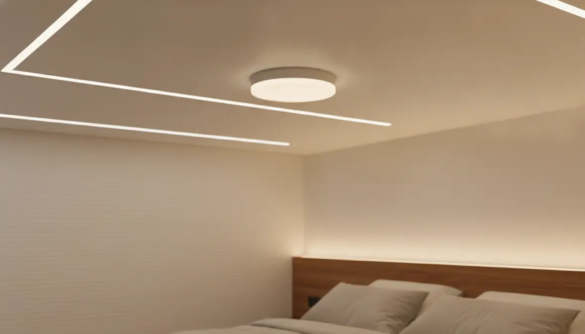 Luce ambientale in camera da letto moderna con plafoniera e faretti LED a soffitto