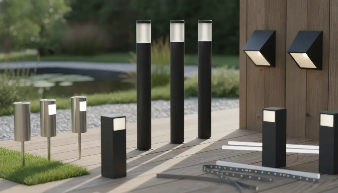Diverse tipologie di luci da esterno: lampioni, faretti LED, applique e lampioncini per giardino