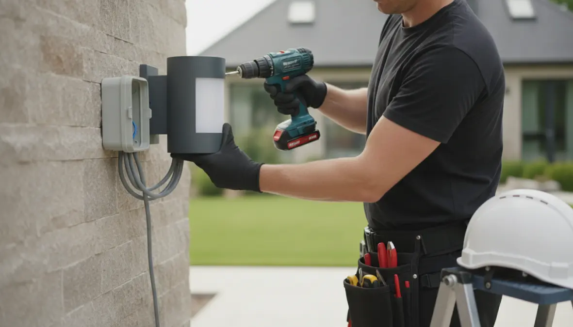 Installazione professionale di illuminazione esterna con plafoniere da esterno e cablaggio IP65