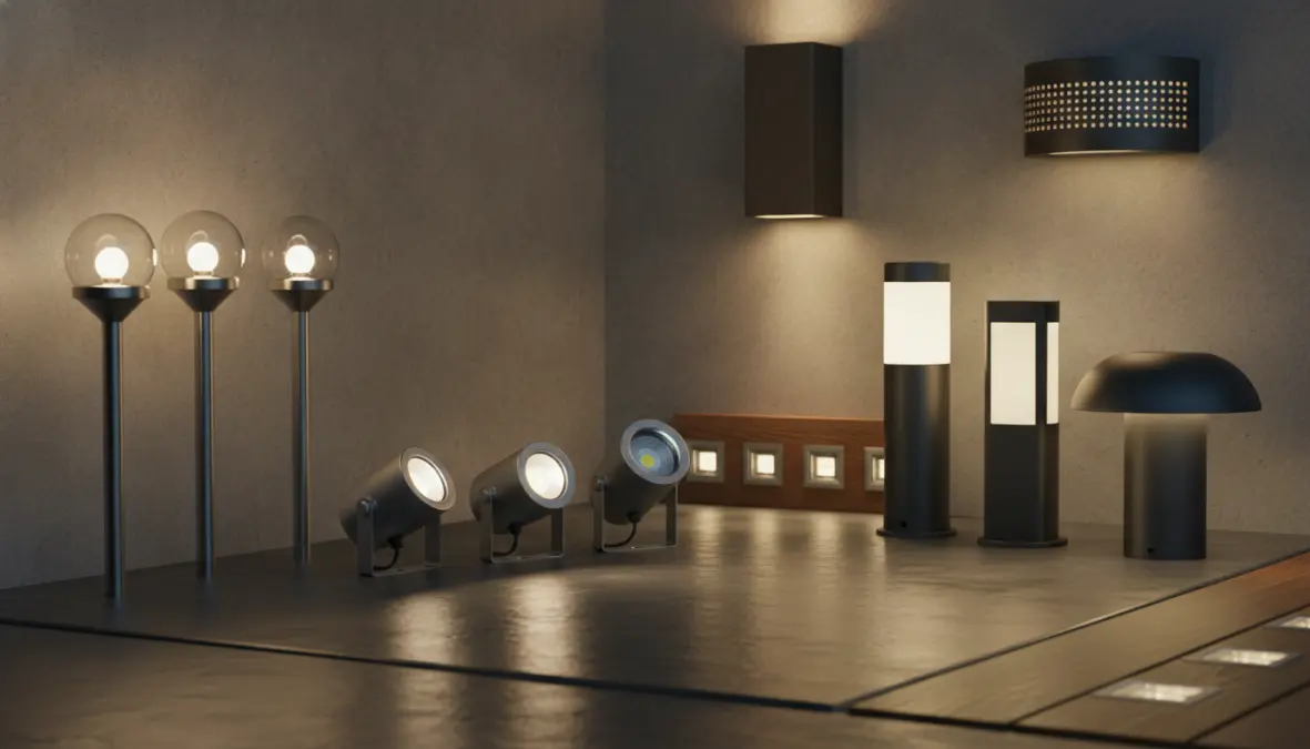 Diverse tipologie di luci LED per giardino: faretti, lampioni, segnapasso e applique da esterno