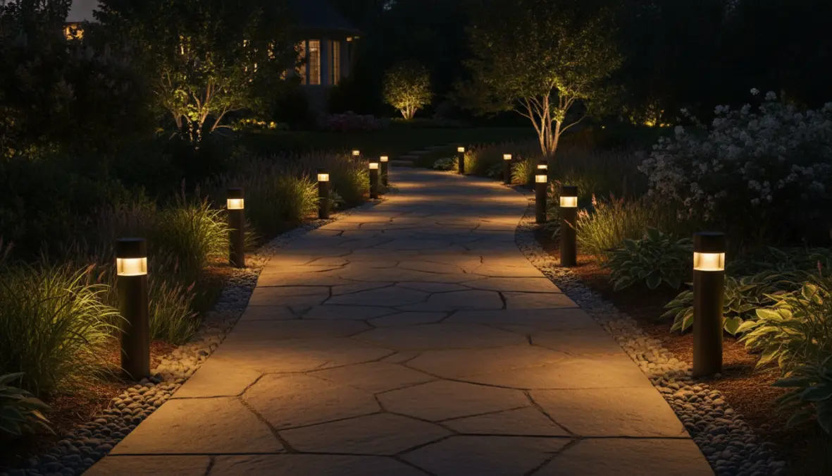 Illuminazione vialetto giardino con lampioni LED e segnapasso disposti strategicamente