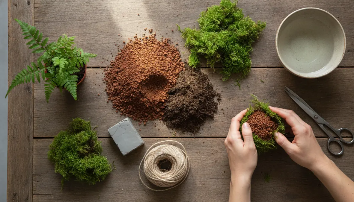 Materiali necessari per creare un kokedama fai da te: muschio, terriccio akadama e spago