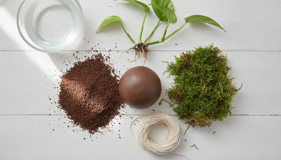 Materiali necessari per fare kokedama fai da te: terriccio argilloso, muschio verde e pianta