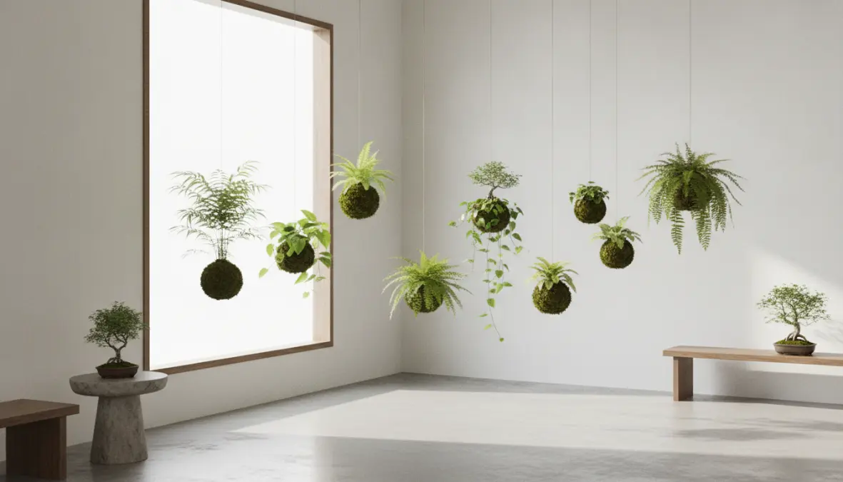 Kokedama sospesi in casa come piante decorative in stile giardino giapponese