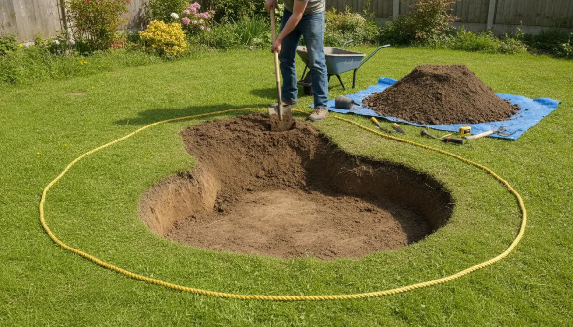 Costruzione di un laghetto da giardino fai da te con telo impermeabile e scavo a livelli