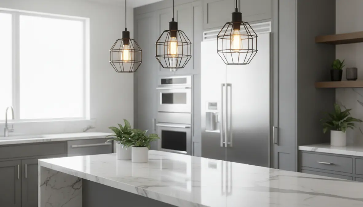 Lampade a sospensione stile industriale sopra isola cucina moderna con finitura nera