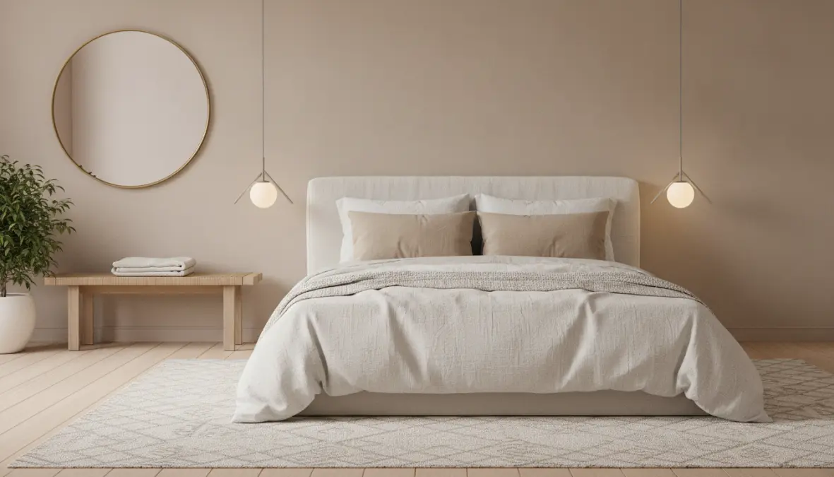 Lampade a sospensione minimal ai lati del letto in camera da letto stile scandinavo