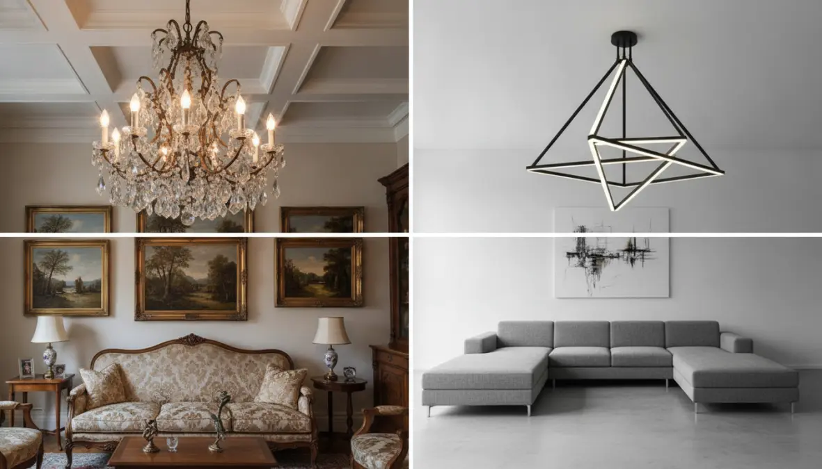 Confronto tra lampadario soggiorno classico in cristallo e moderno design LED